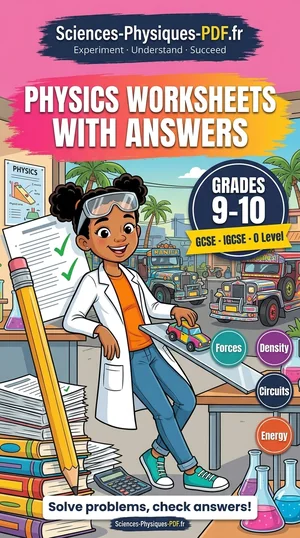 Cover: physics grades 9-10 worksheets with answers in PDF