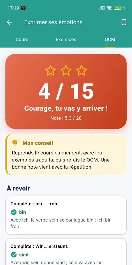 Screenshot of the Apprendre l'allemand German revision app on a phone (3)