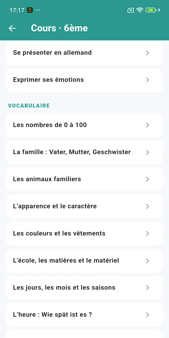Screenshot of the Apprendre l'allemand German revision app on a phone (5)