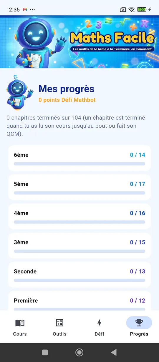 Screenshot of the Maths Facile app with the Mathbot robot (3)
