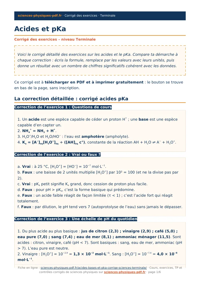 Fiche PDF : Acides et pKa (Terminale)