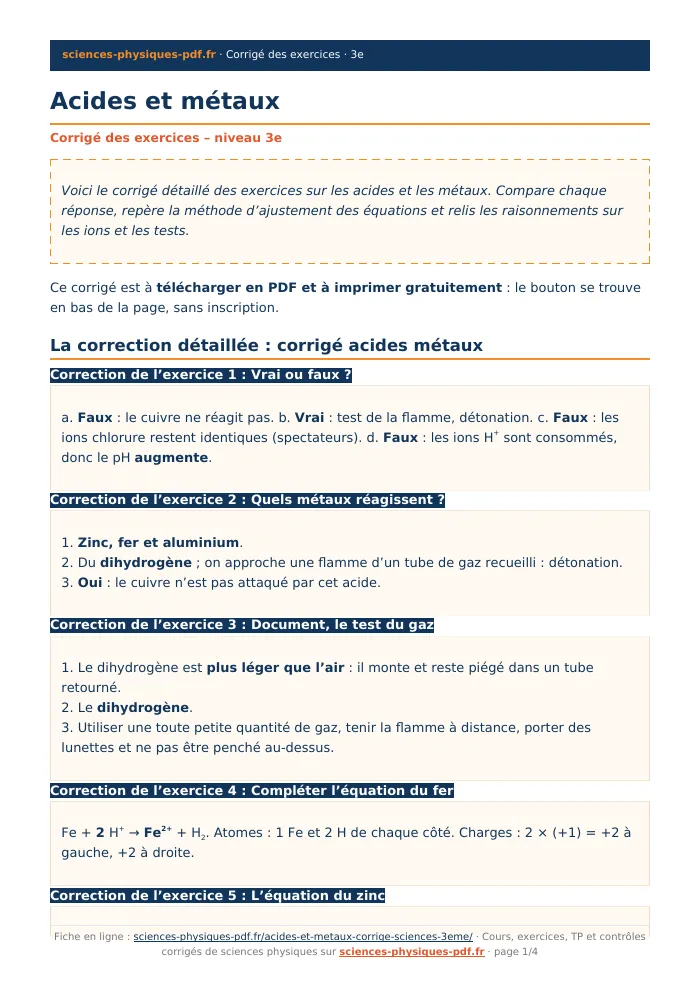 Fiche PDF : Acides et métaux (3e)