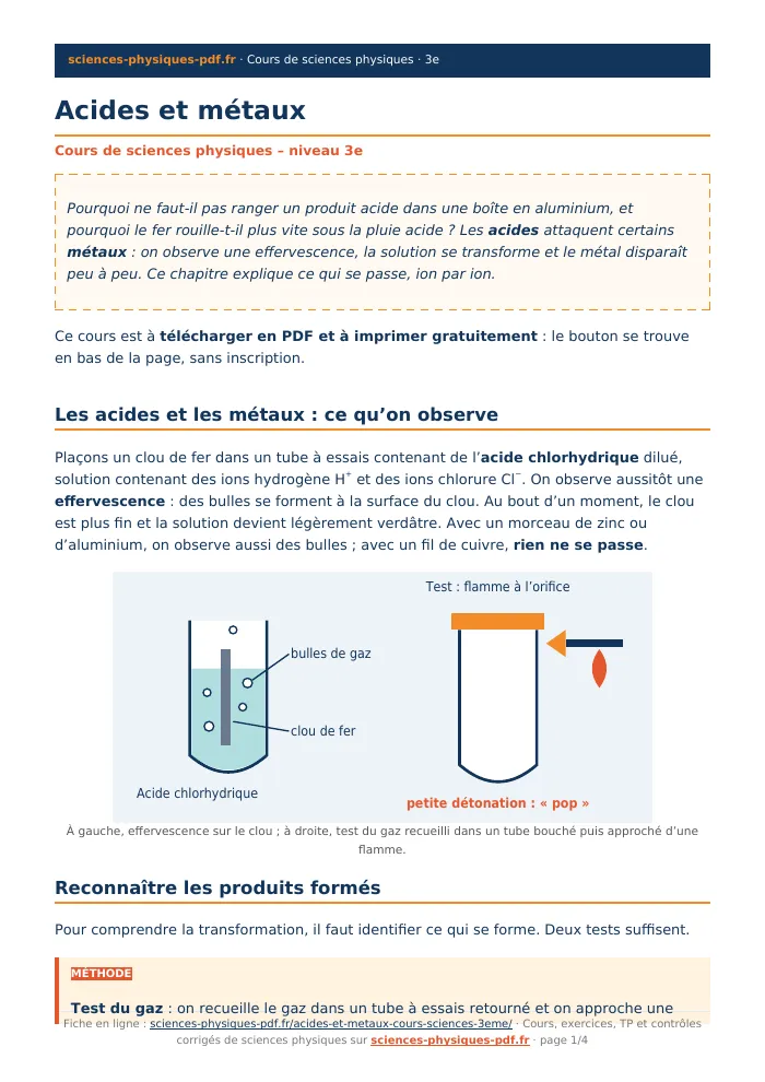 Fiche PDF : Acides et métaux (3e)