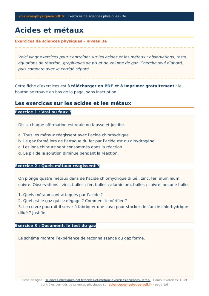 Fiche PDF : Acides et métaux (3e)