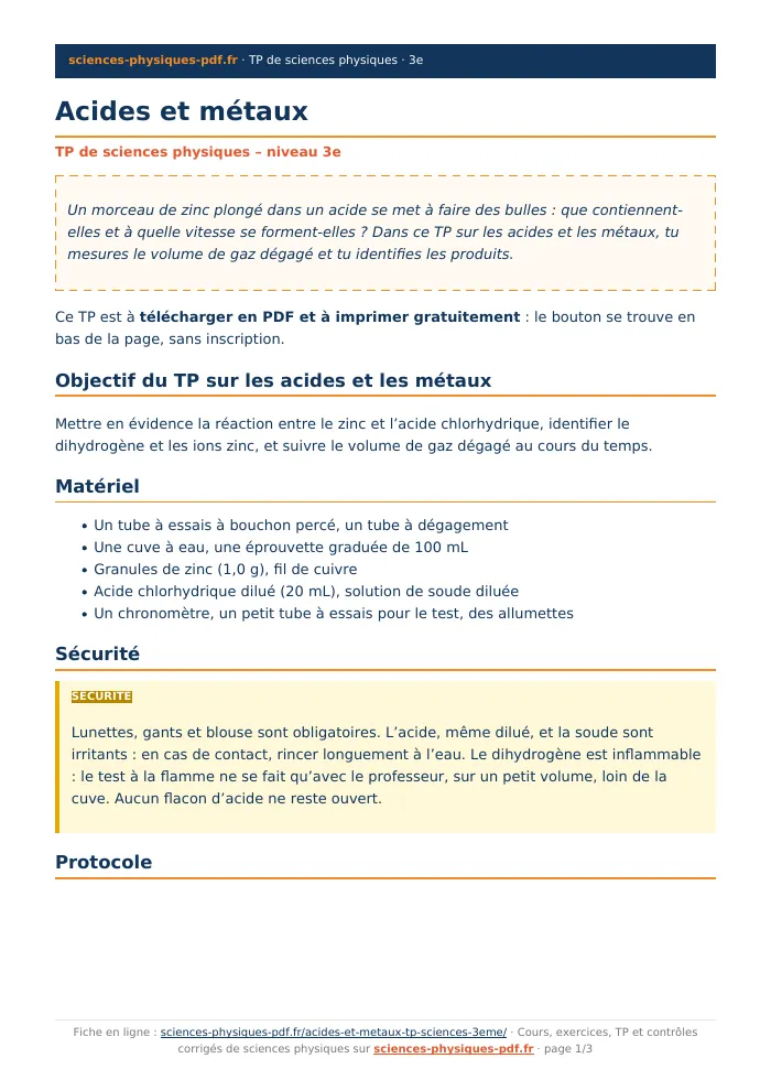 Fiche PDF : Acides et métaux (3e)