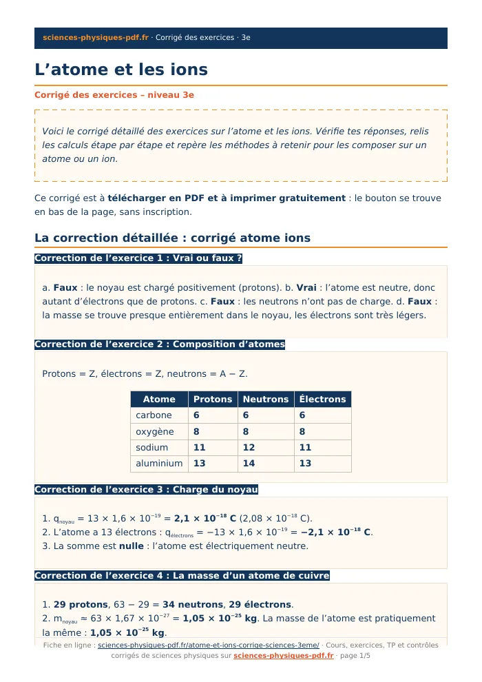 Fiche PDF : L’atome et les ions (3e)