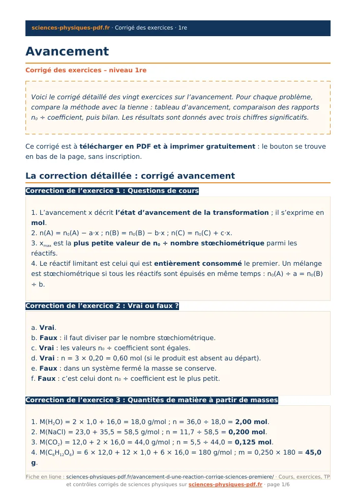Fiche PDF : Avancement (1re)