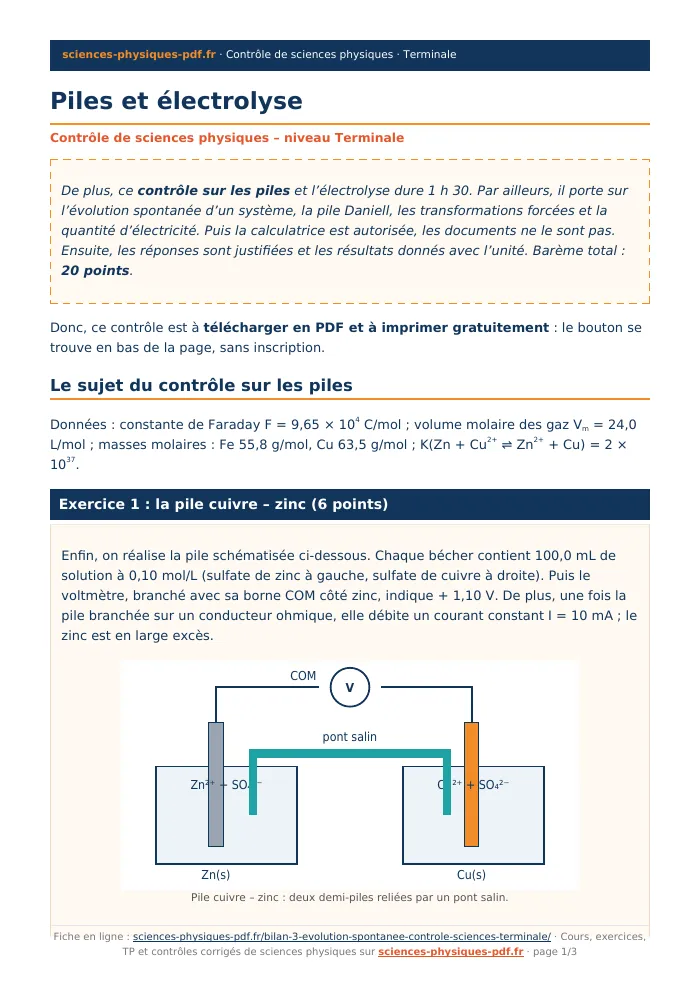 Fiche PDF : Piles et électrolyse (Terminale)