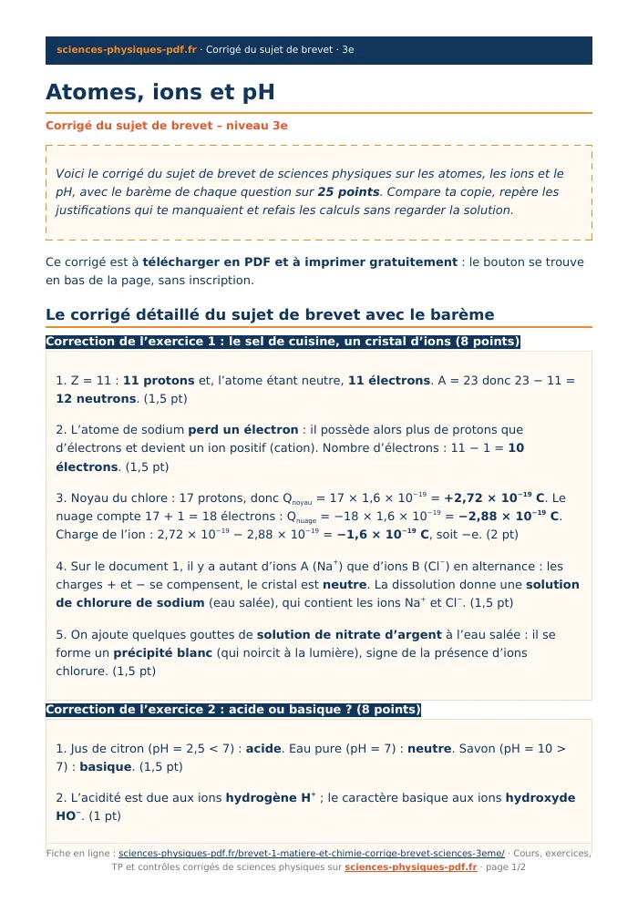 Fiche PDF : Atomes, ions et pH (3e)