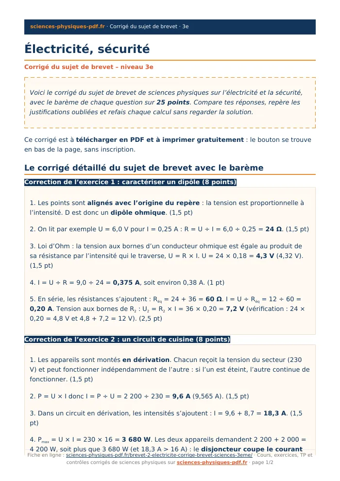 Fiche PDF : Électricité, sécurité (3e)