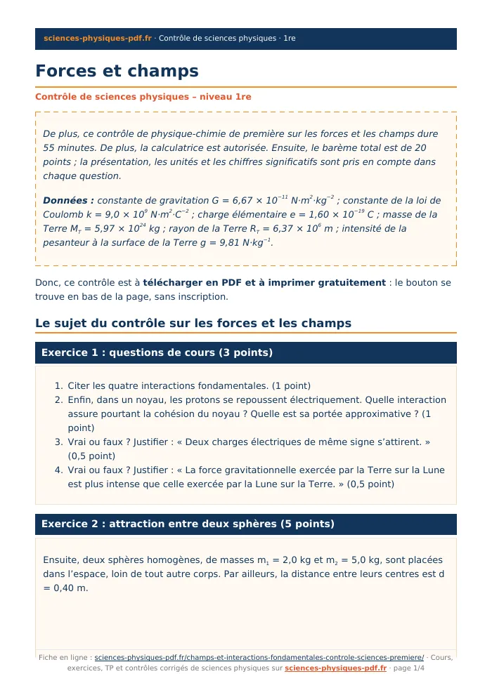 Fiche PDF : Forces et champs (1re)