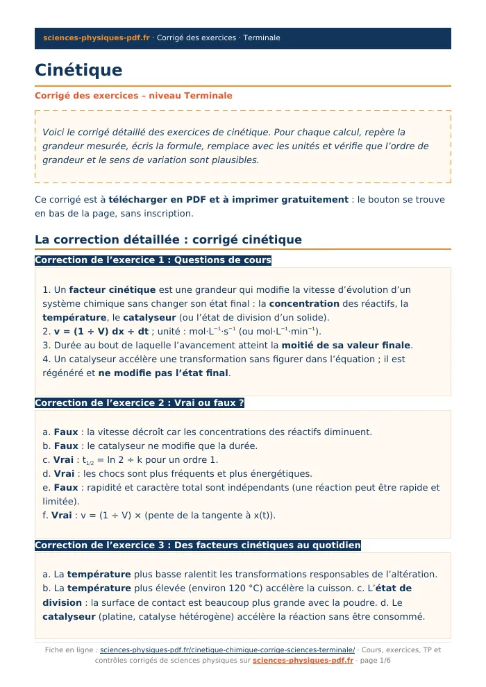 Fiche PDF : Cinétique (Terminale)