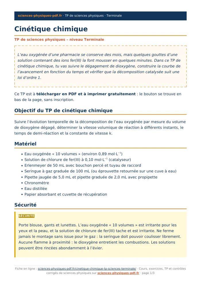 Fiche PDF : Cinétique chimique (Terminale)