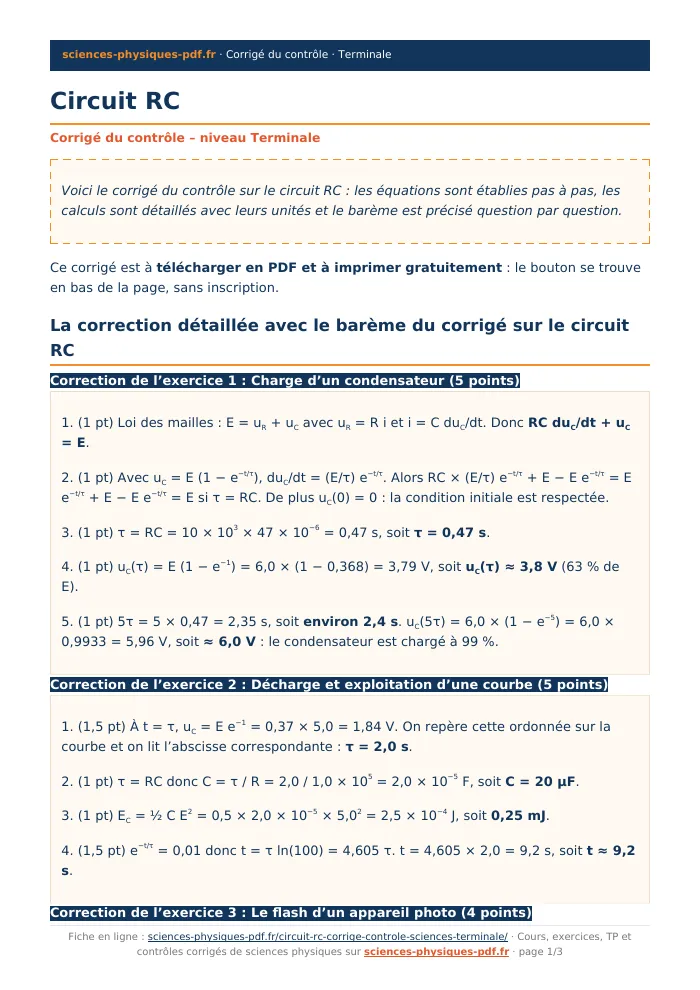Fiche PDF : Circuit RC (Terminale)