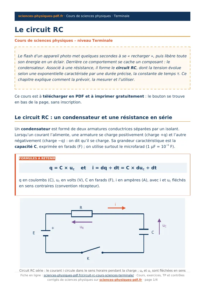 Fiche PDF : Le circuit RC (Terminale)