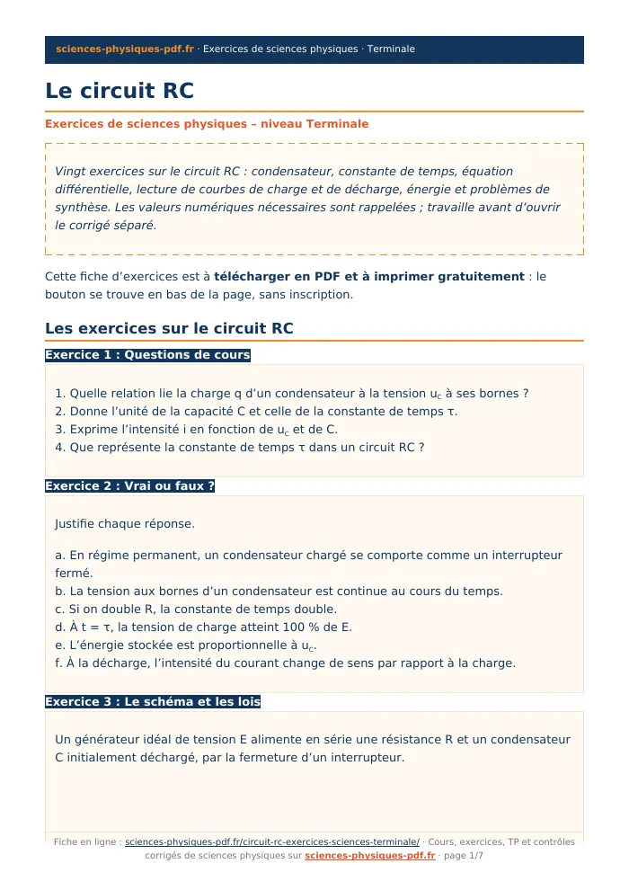 Fiche PDF : Le circuit RC (Terminale)