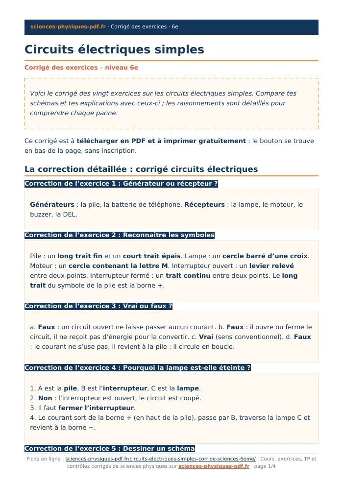 Fiche PDF : Circuits électriques simples (6e)