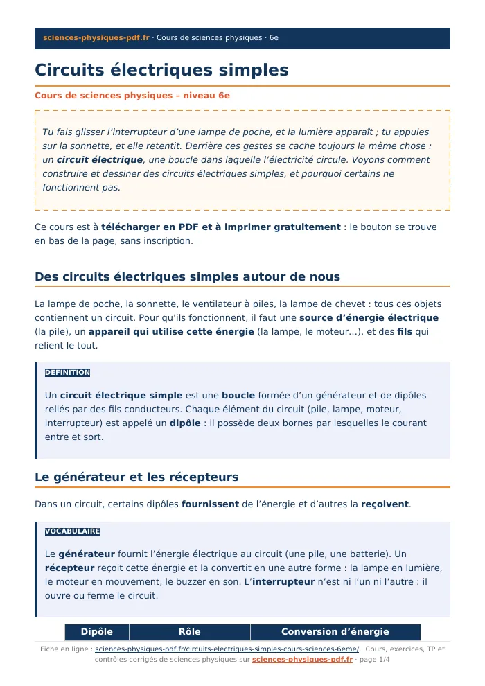 Fiche PDF : Circuits électriques simples (6e)