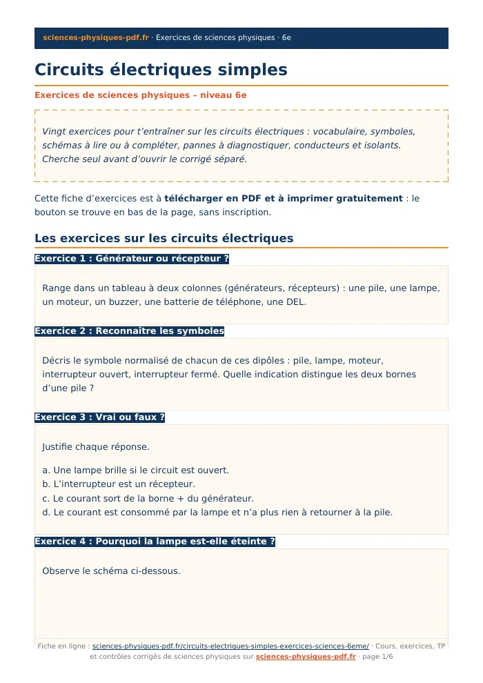 Fiche PDF : Circuits électriques simples (6e)