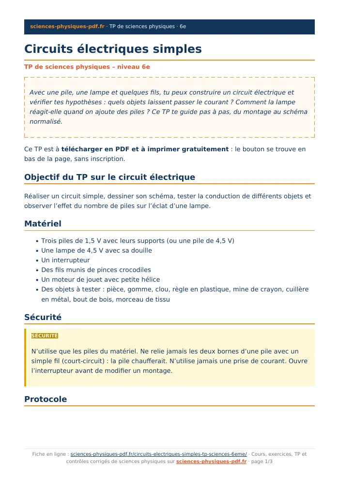 Fiche PDF : Circuits électriques simples (6e)