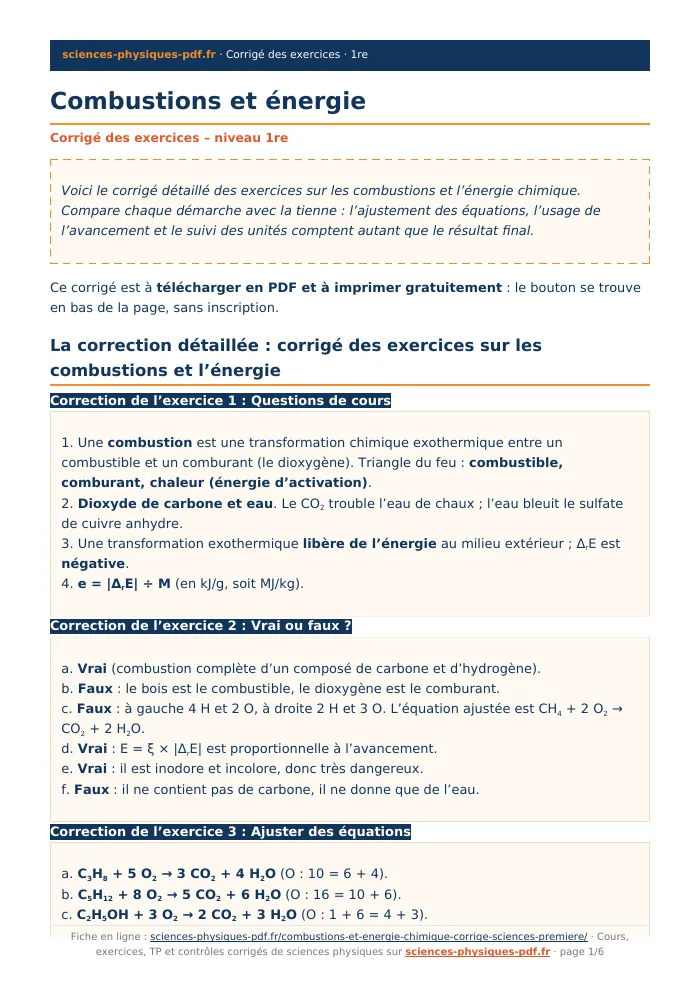 Fiche PDF : Combustions et énergie (1re)