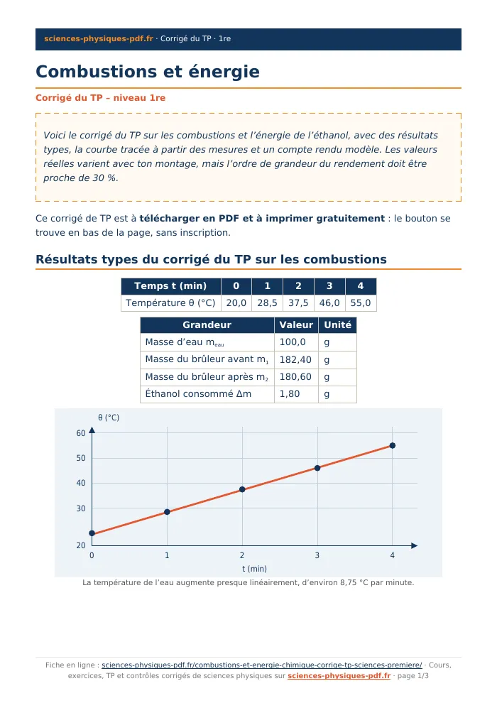 Fiche PDF : Combustions et énergie (1re)