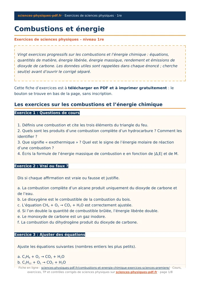 Fiche PDF : Combustions et énergie (1re)
