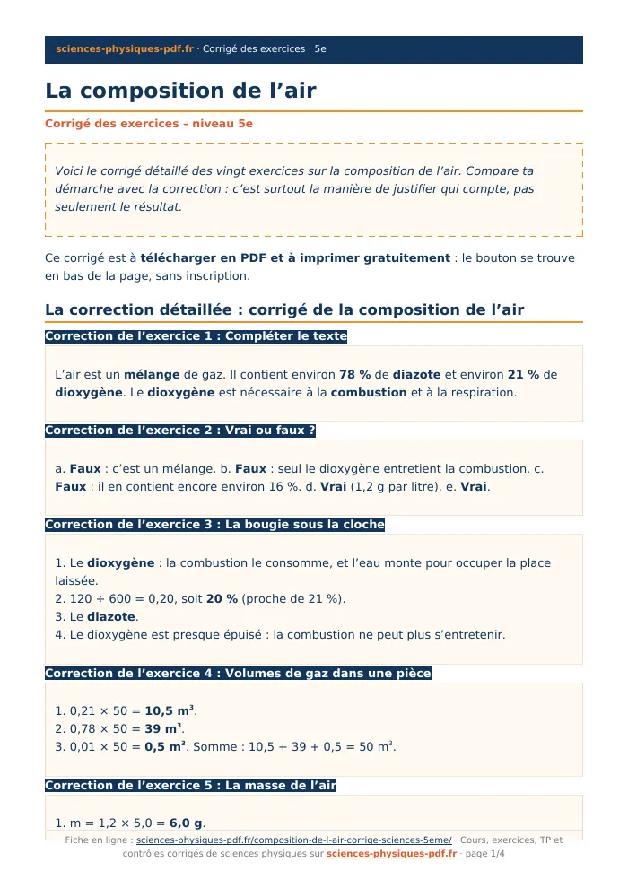 Fiche PDF : La composition de l’air (5e)