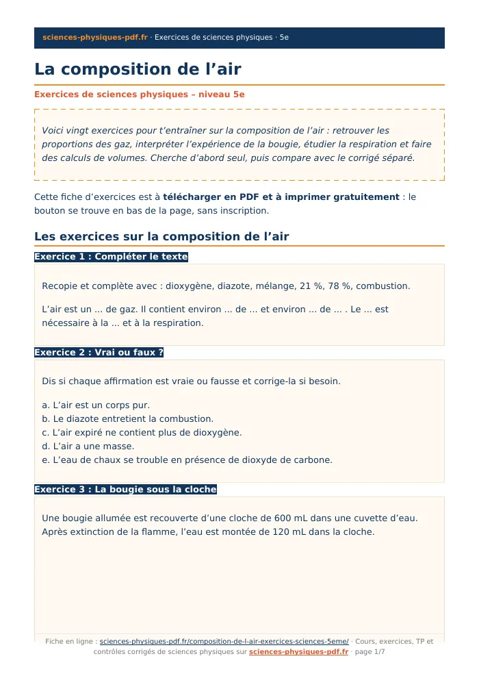 Fiche PDF : La composition de l’air (5e)