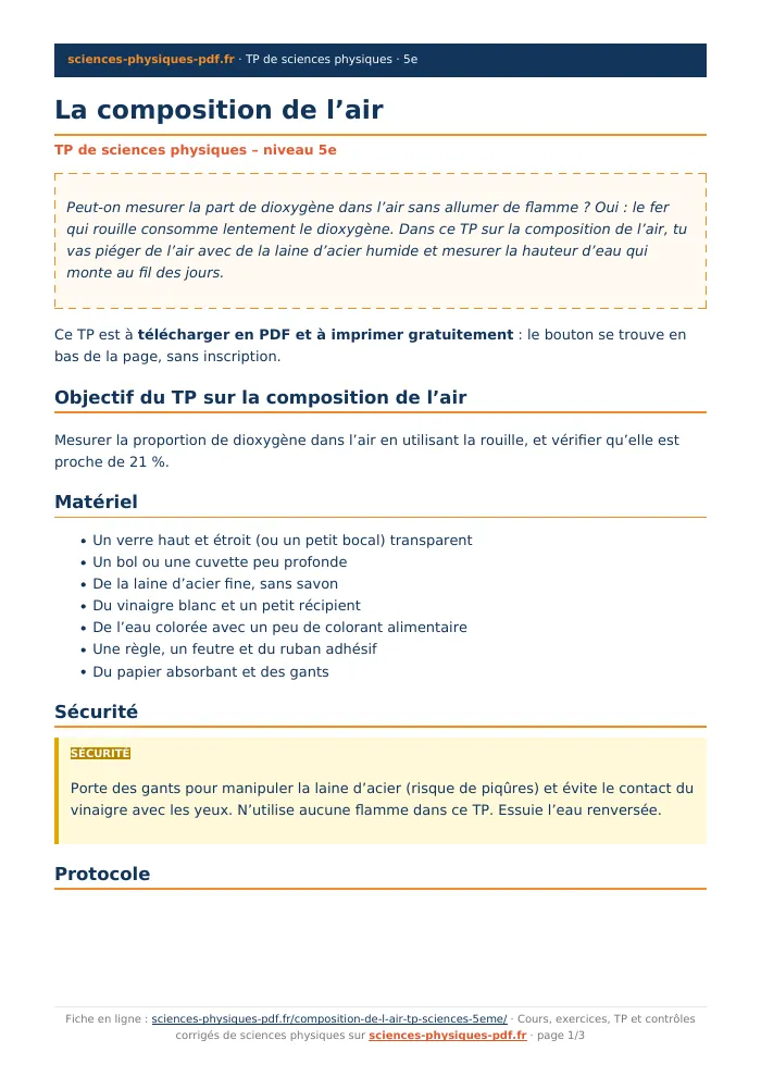 Fiche PDF : La composition de l’air (5e)