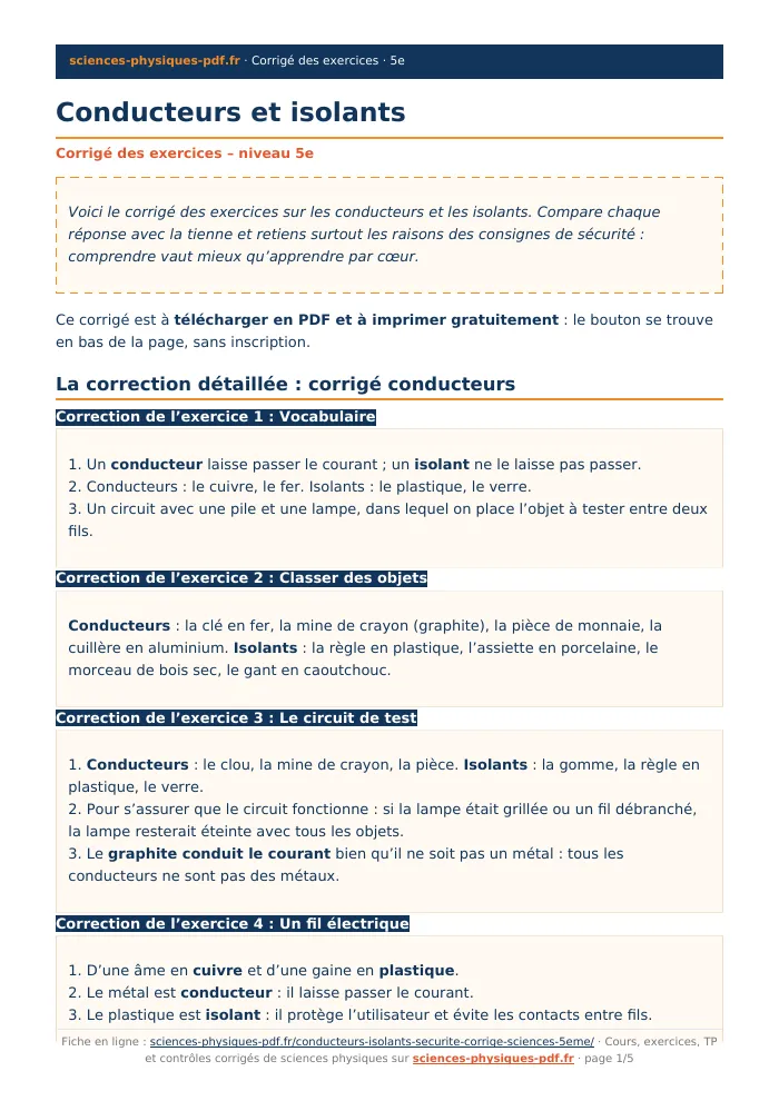 Fiche PDF : Conducteurs et isolants (5e)