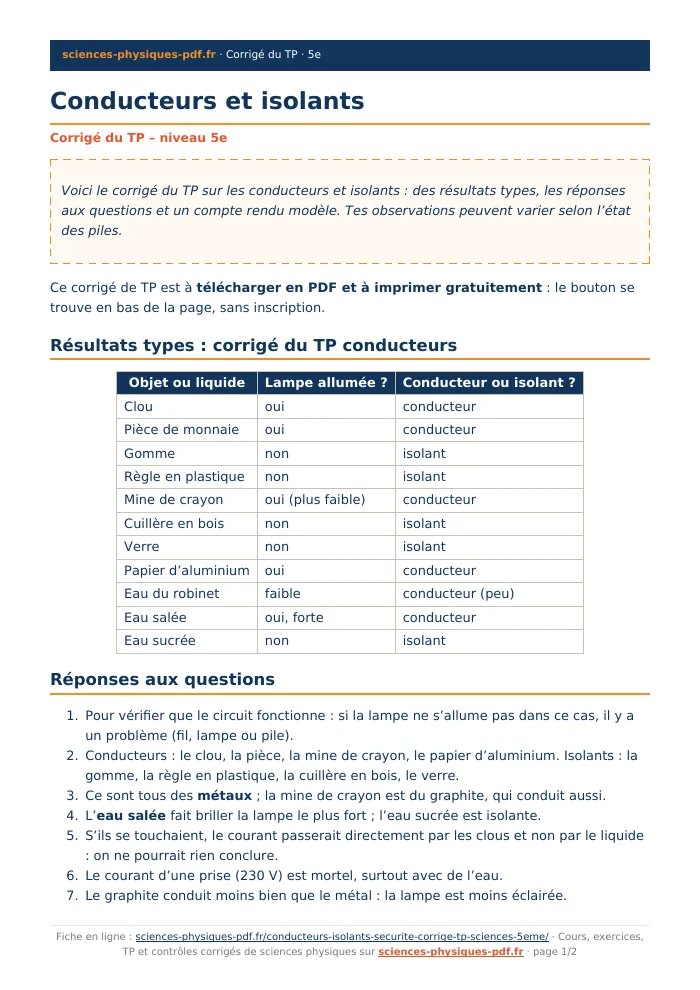 Fiche PDF : Conducteurs et isolants (5e)