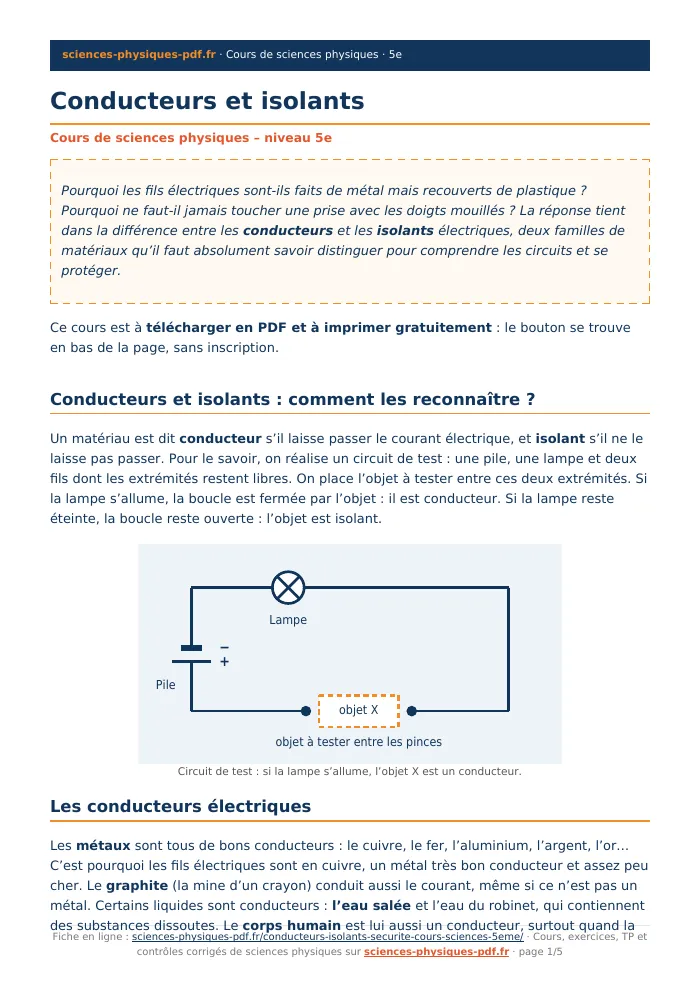 Fiche PDF : Conducteurs et isolants (5e)