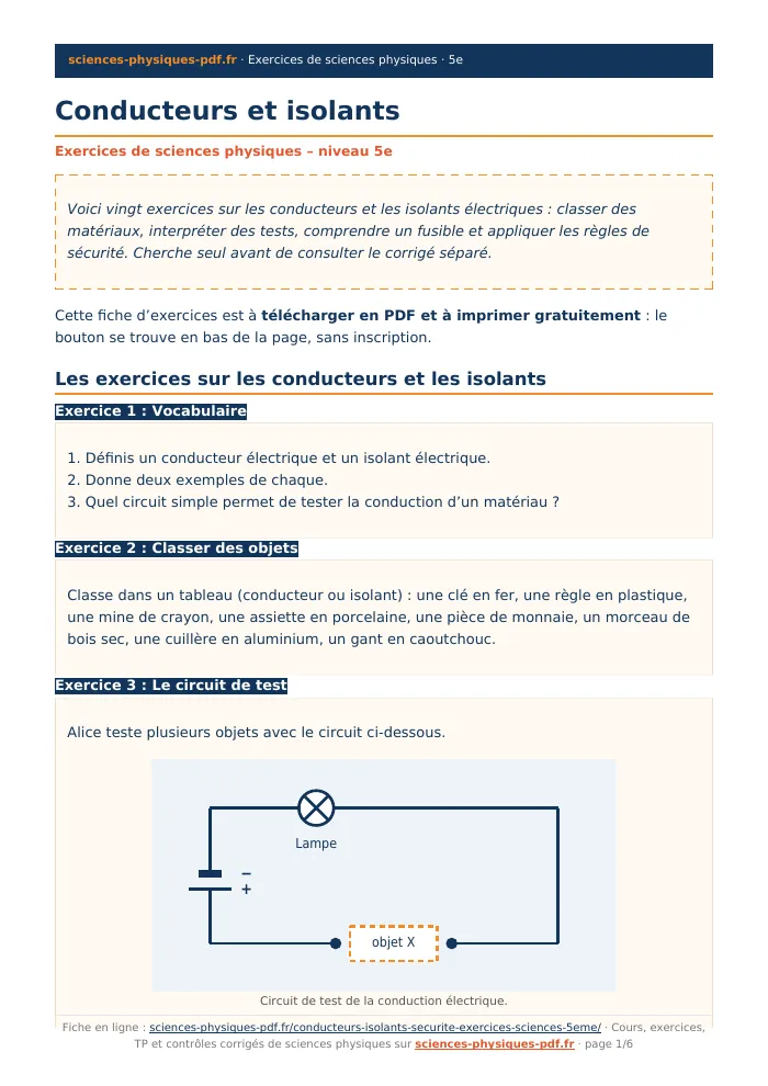 Fiche PDF : Conducteurs et isolants (5e)
