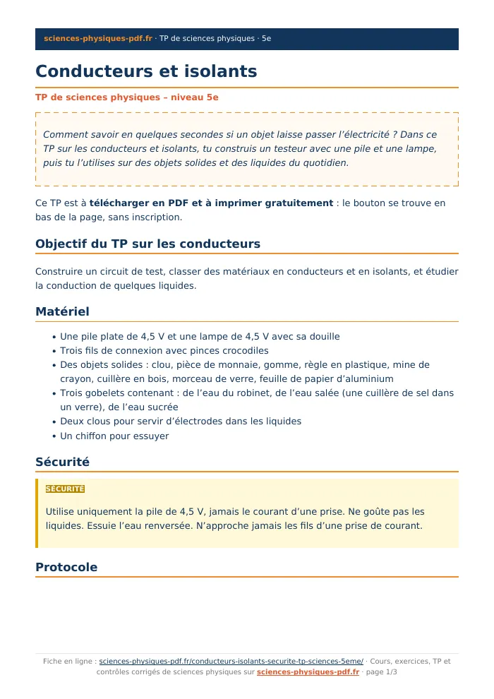 Fiche PDF : Conducteurs et isolants (5e)