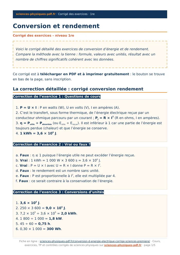 Fiche PDF : Conversion et rendement (1re)