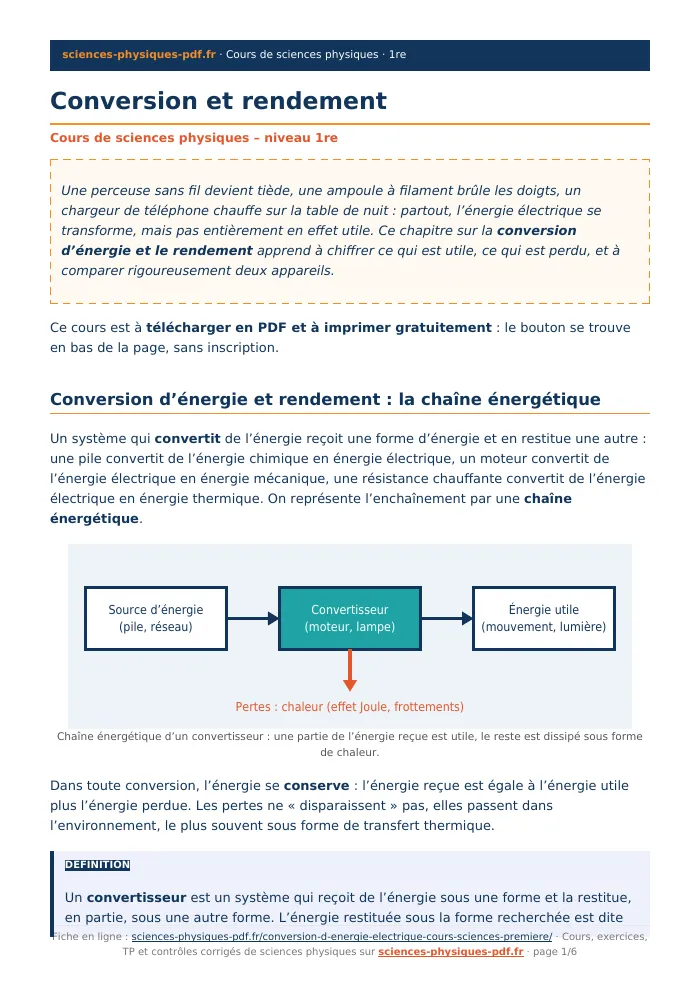 Fiche PDF : Conversion et rendement (1re)