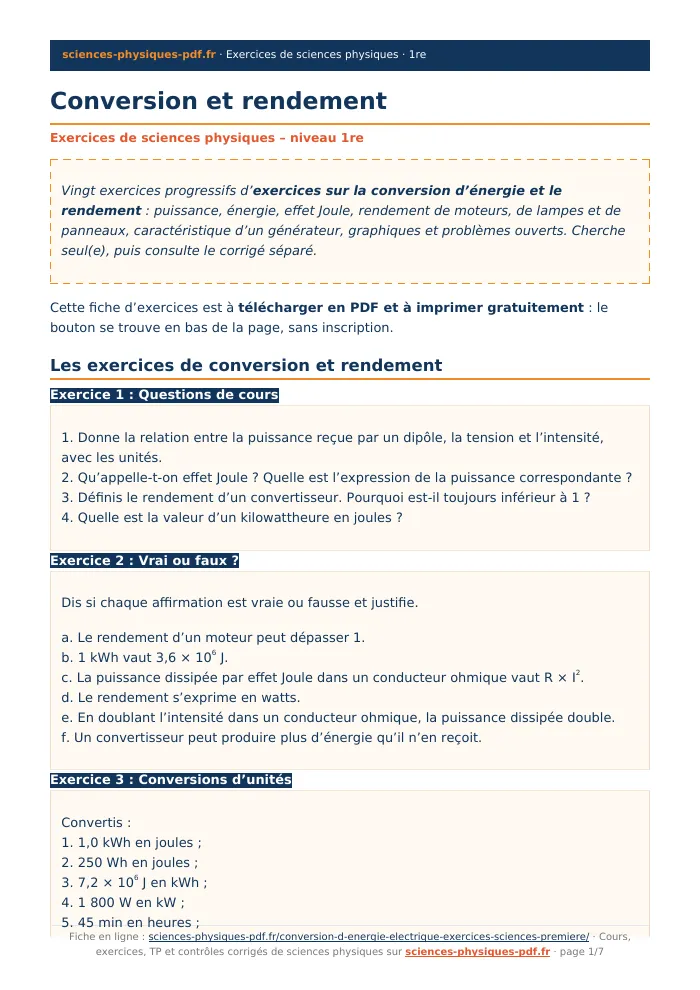 Fiche PDF : Conversion et rendement (1re)