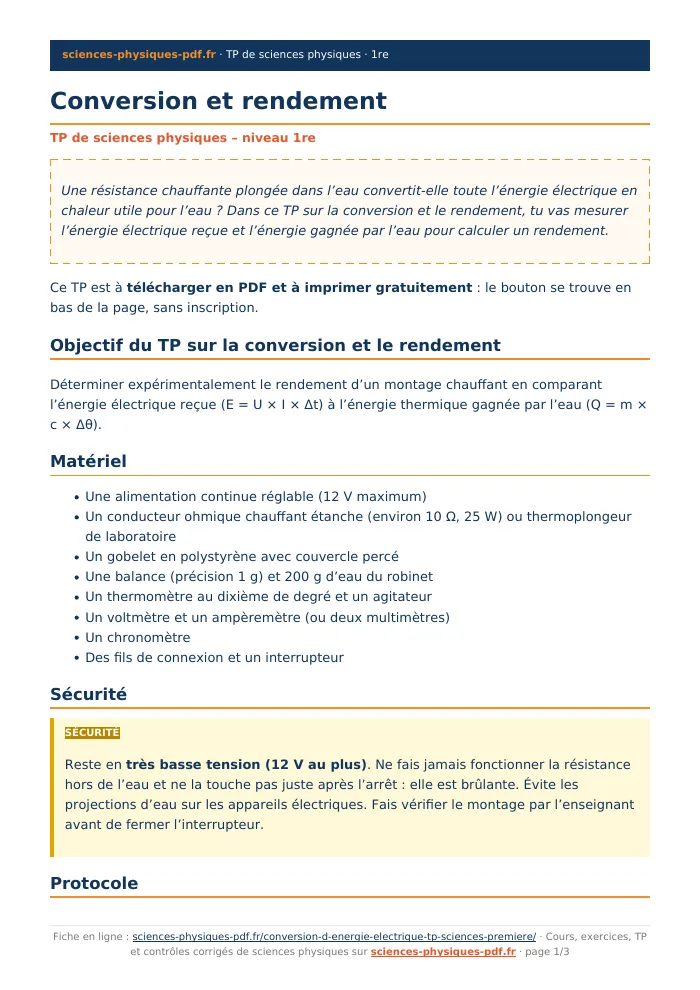 Fiche PDF : Conversion et rendement (1re)