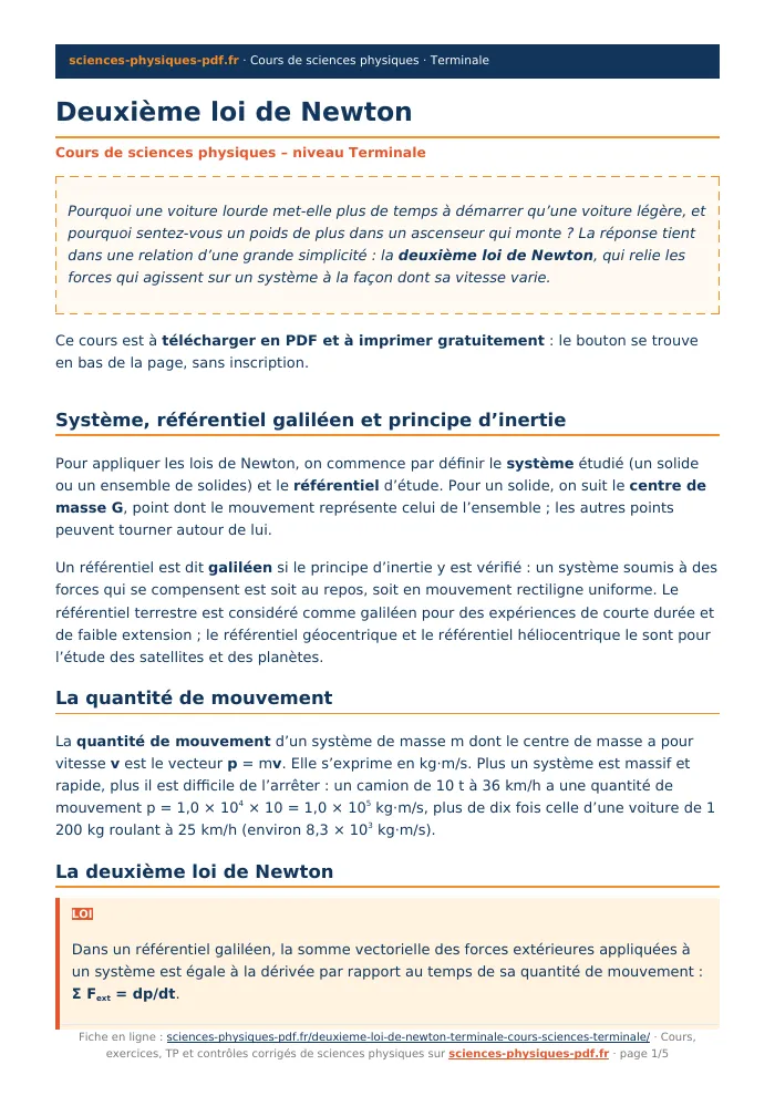 Fiche PDF : Deuxième loi de Newton (Terminale)
