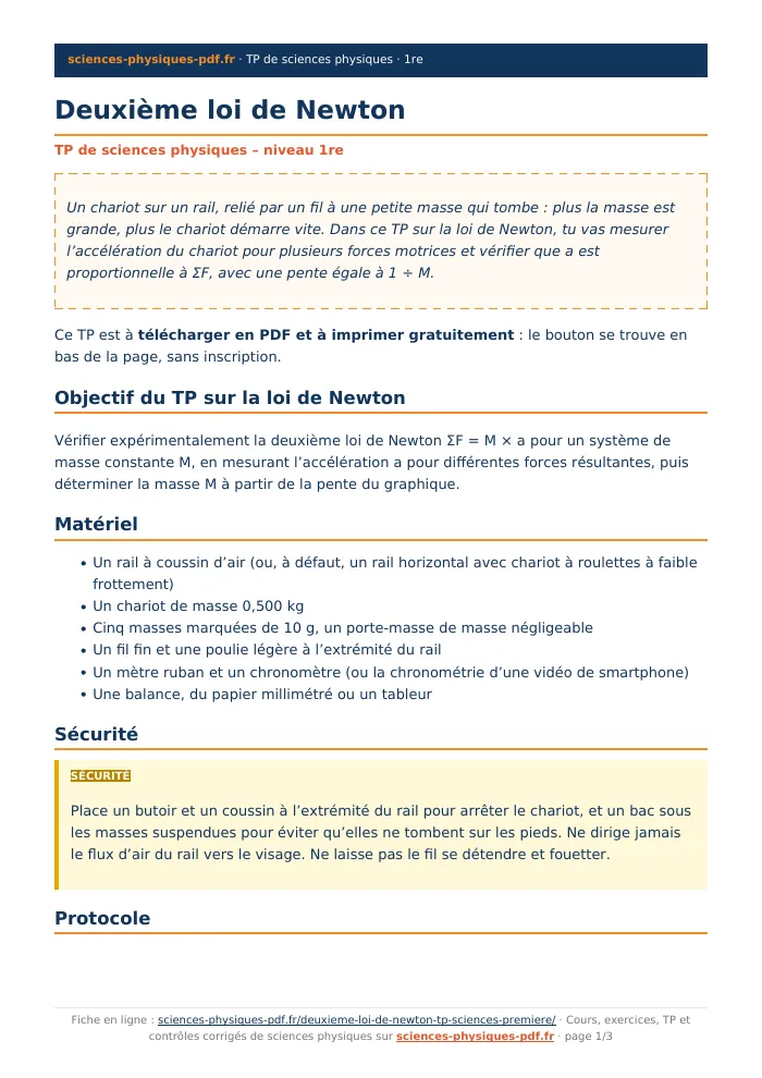 Fiche PDF : Deuxième loi de Newton (1re)