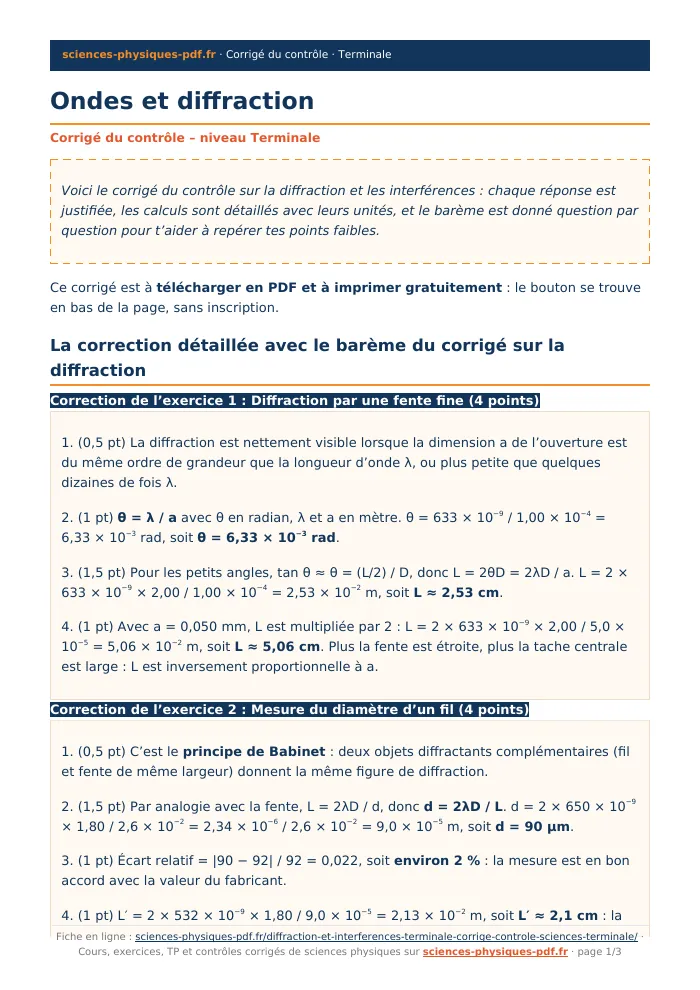 Fiche PDF : Ondes et diffraction (Terminale)