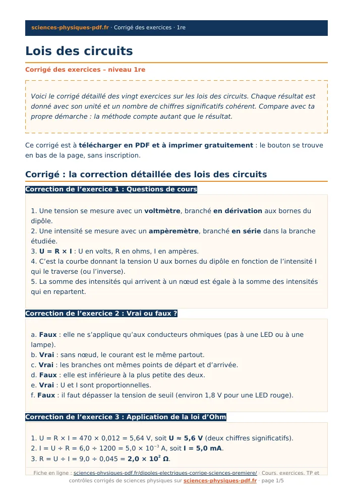 Fiche PDF : Lois des circuits (1re)