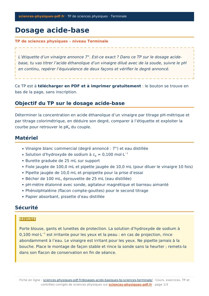 Fiche PDF : Dosage acide-base (Terminale)