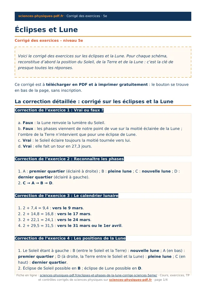 Fiche PDF : Éclipses et Lune (5e)