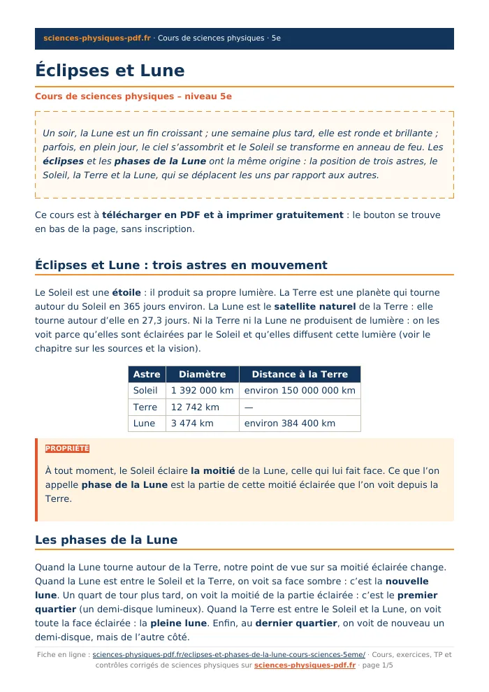 Fiche PDF : Éclipses et Lune (5e)