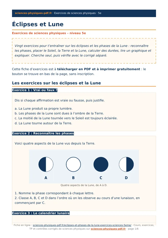 Fiche PDF : Éclipses et Lune (5e)