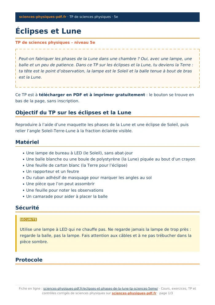 Fiche PDF : Éclipses et Lune (5e)