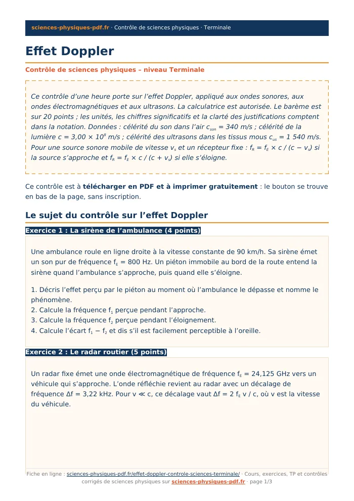 Fiche PDF : Effet Doppler (Terminale)