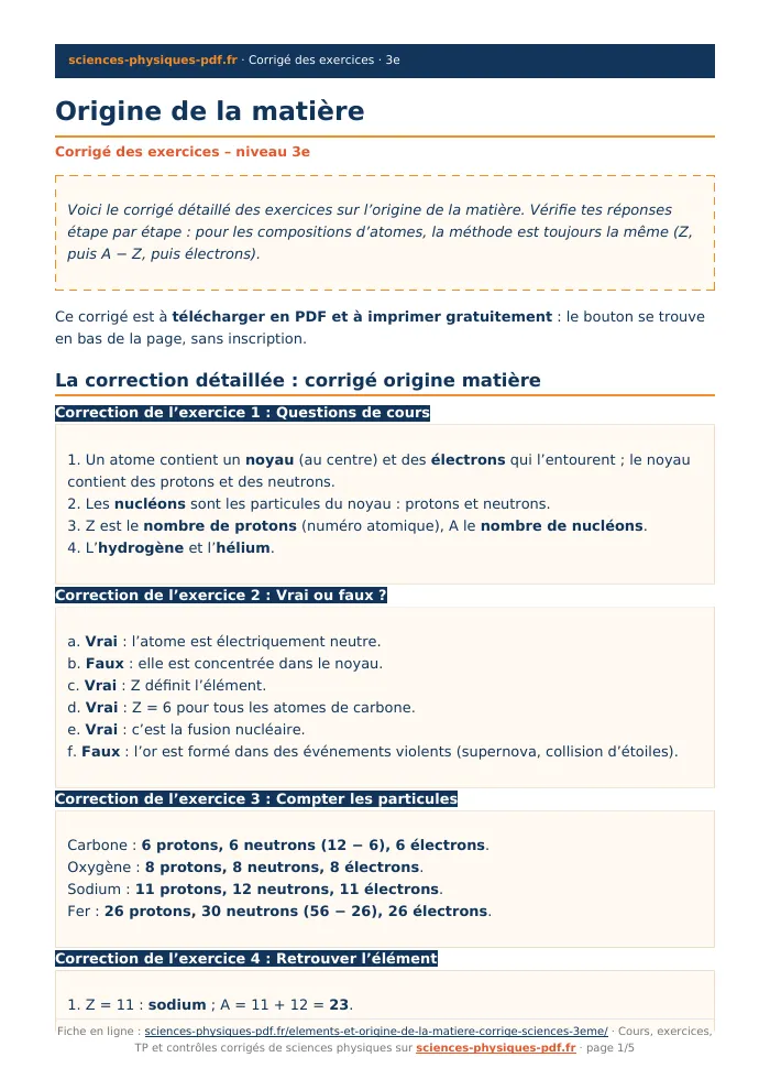 Fiche PDF : Origine de la matière (3e)
